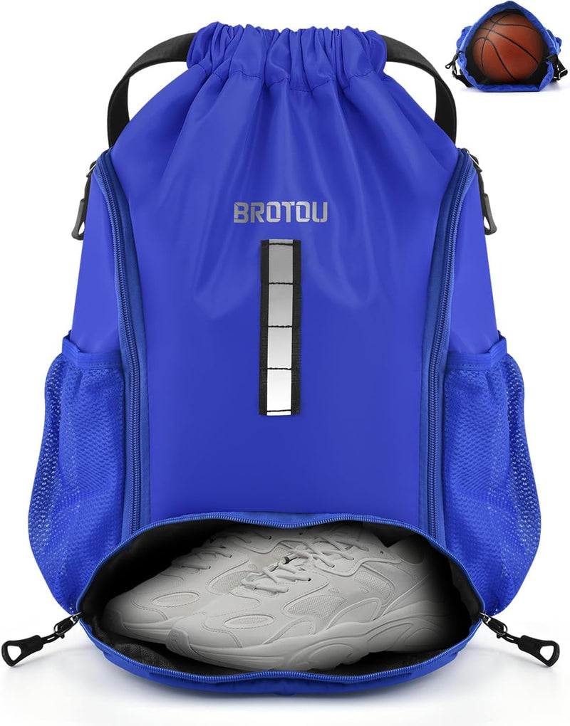 BROTOU Soccer Drawstring Backpack, Basketball Bag, Volleyball Football Bags with Ball and Shoe Compartment