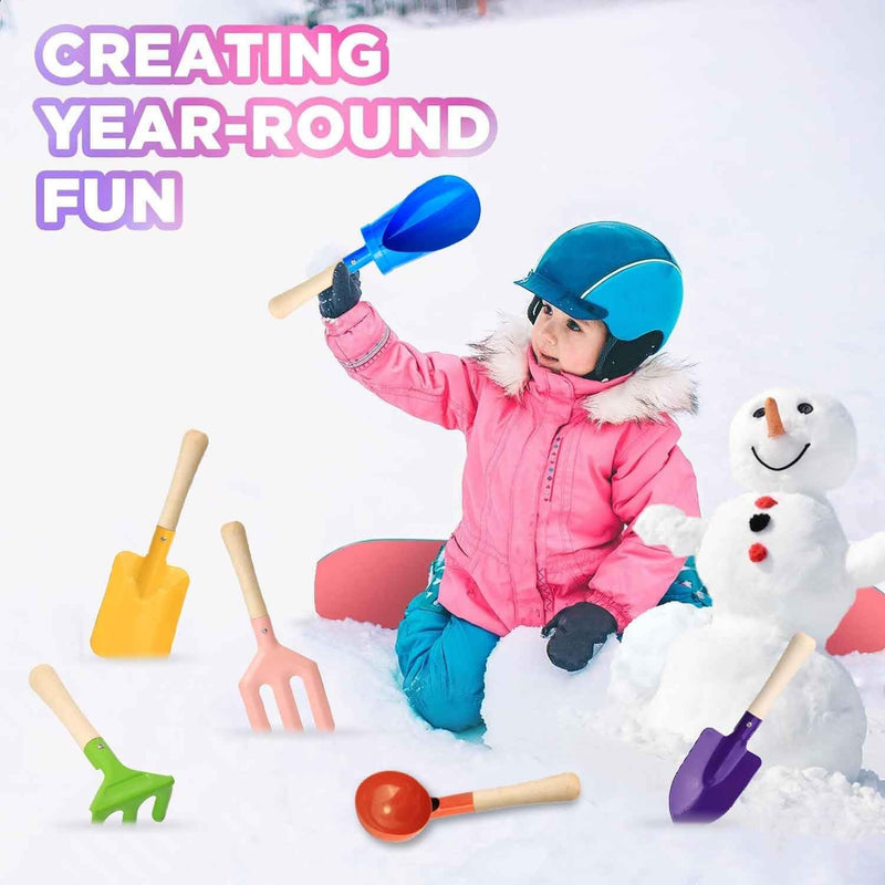 6 PCS 8" Kids Garden Tools, Made of Metal with Sturdy Wooden Handle, Beach Snow Toys Cylinder, Spoon, Fork, Rake, Flat & Pointed Shovels for Children