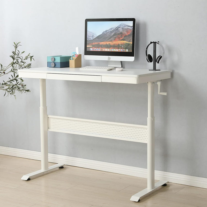 Beardslee Standing Desk with Metal Drawer,48 X 24 Inches Adjustable Height Stand up Desk, Sit Stand Home Office Desk, Ergonomic Workstation (White Tabletop)