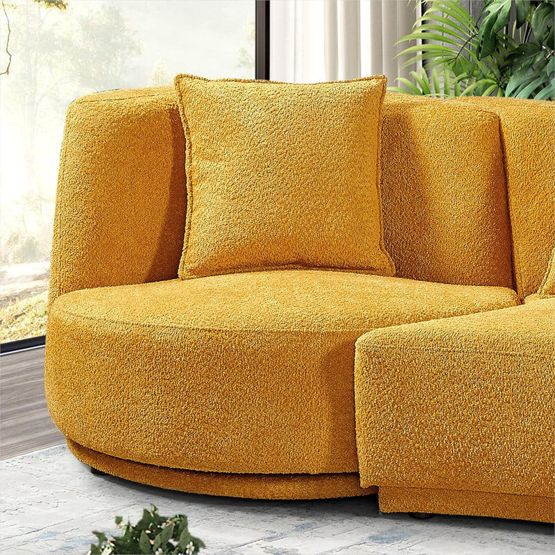 110" Cloud Curved Sofa for Living Room Mid-Century Sofa with 360 Degree Swivel Chair 4 Throw Pillows Comfy Boucle Couch, Luxury 5-Seat Leisure Deap Seat Sectional Sofá Yellow