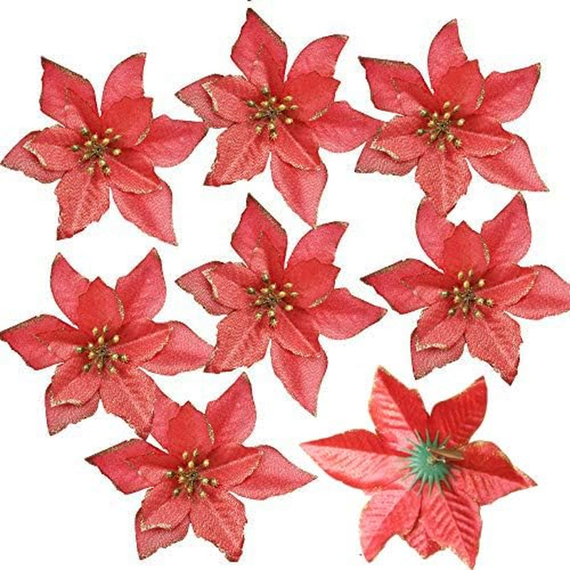 12Pcs Glitter Poinsettia Christmas Tree Ornament Artificial Wedding Christmas Flowers Xmas Tree Wreaths Decor Ornament, 5.5Inch, Red and Gold for Choice (Red)