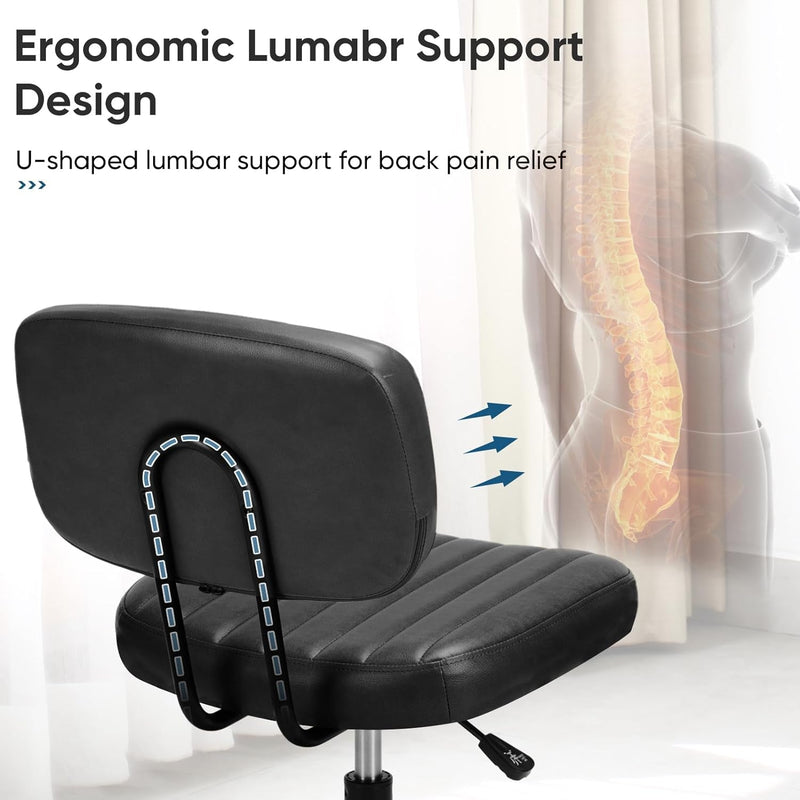 DUMOS Armless Home Office Desk Chair Ergonomic with Low Back Lumbar Support, Height Adjustable PU Leather Computer Task with 360° Swivel Rolling Wheels, for Small Space, Black