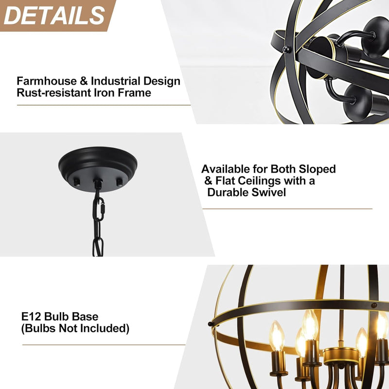 DLLT 6-Light Orb Chandelier, Black and Gold Globe Pendant Lights, Industrial Sphere Pendant Lighting over Island, Adjustable Hanging Light with Metal Cage for Dining Room Foyer, E12 Bulbs Not Included