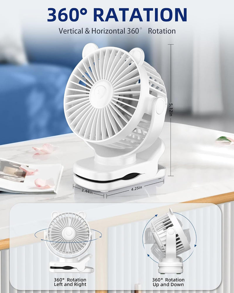 Clip on Fan, Portable Fan, Small Desk Fan Battery Operated, 360° Rotation, 3 Speed, Mini Baby Stroller Fan Rechargeable, Personal Cooling Fan for Bedroom Indoor Outdoor Travel