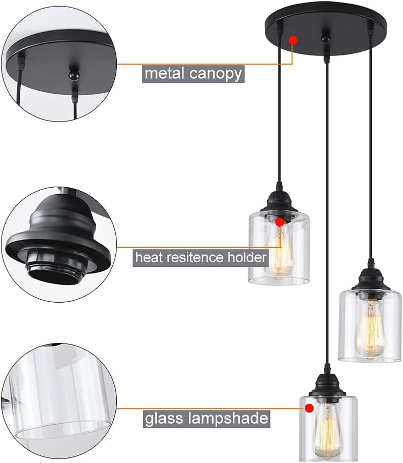 3-Lights Industrial Pendant Light with Glass Shade Matte Black Pendant Lighting Adjustable Industrial Retro Style Hanging Light Fixture for Kitchen, Farmhouse