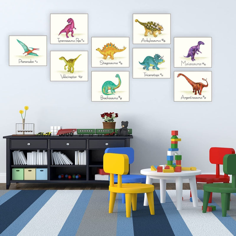 9 Pieces Dinosaur Wall Prints Dinosaurs Poster Wall Decals with Unframed Pictures Dinosaur Birthday Gift for Nursery and Kids Room Decorations