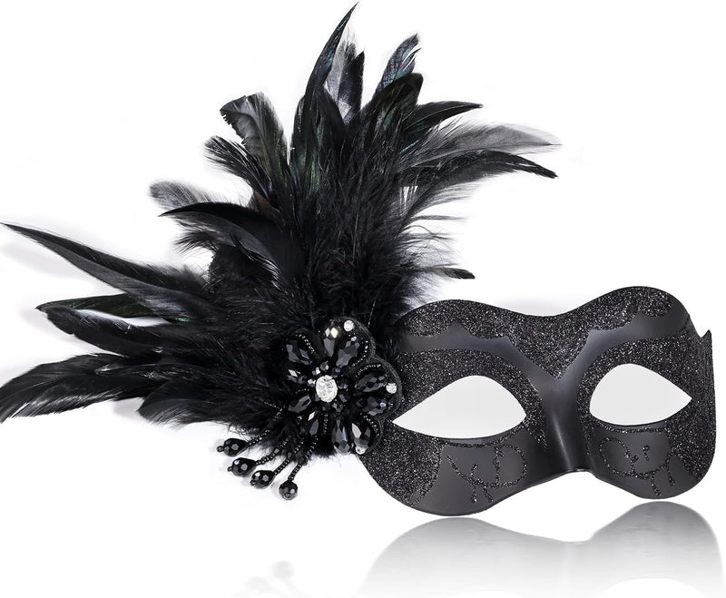 2024 New Blue and Black Masquerade Mask for Women with Feathers - Womens Mascarade Venetian Mask for Masquerade Party, Mardi Gras, Halloween Cosplay Prom, Christmas