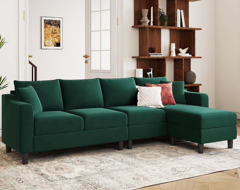 Belffin Velvet Convertible Sectional Sofa L Shaped Couch Reversible Sectional Sofa with Chaise Velvet 4 Seat Sectional Sofa (Green)…