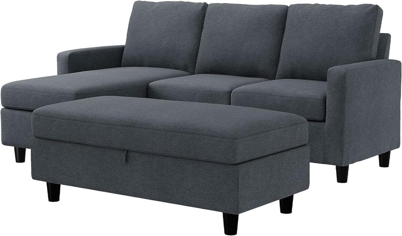 HONBAY Reversible Sectional Couch with Chaise Modern Linen Fabric L Shape Sofa for Apartment Sectional Set with Ottoman in Bluish Grey