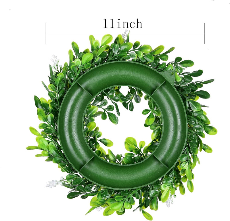 4 Packs Artificial Green Leaves Wreath - 11 Inch Artificial Boxwood Wreaths with White Flower for Window Wall Wedding Decor