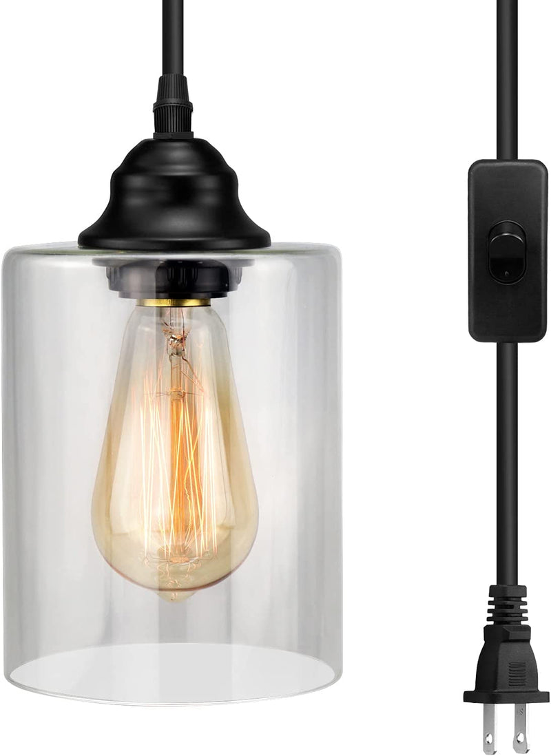 1-Light Plug in Pendant Glass Hanging Light, Industrial Mini Pendant Lighting with Glass Shade, Adjustable Farmhouse Hanging Lamp with Plug in Cord, Black Pendant Lighting for Kitchen Island