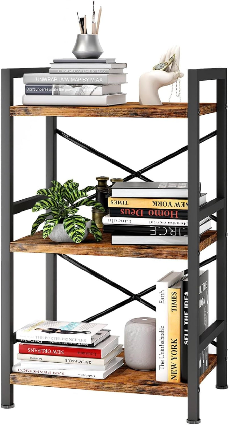 Bookshelf, 4 Tier Small Bookcase, Organizers and Storage, Metal Small Bookcase, Rustic Book Shelf Organization and Storage for Living Room, Bedroom, and Home Office(Rustic Brown)