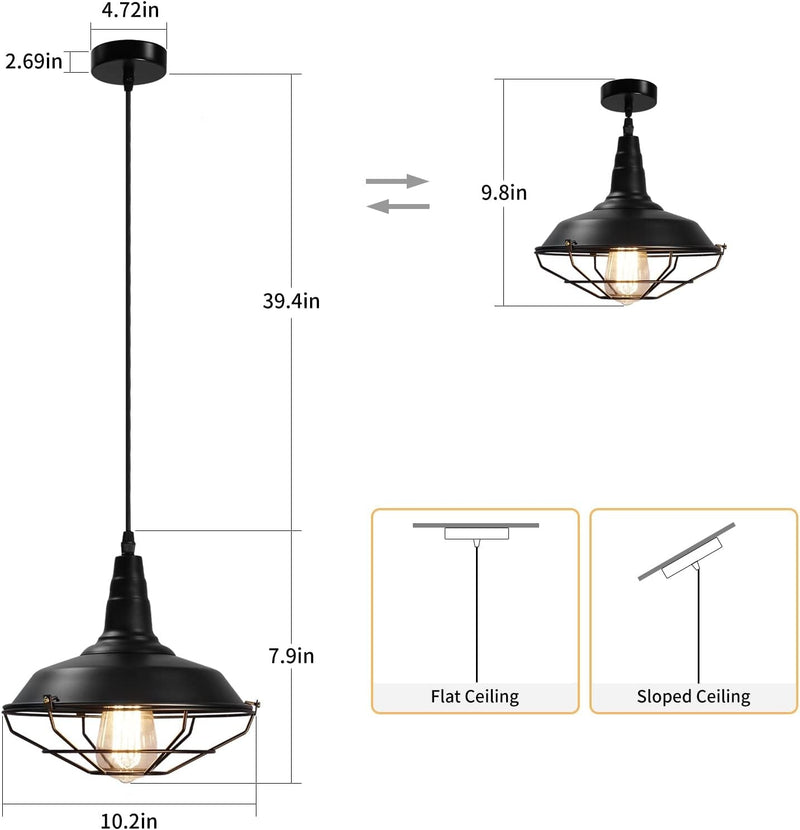 Black Industrial Pendant Light Fixtures, Farmhouse Pendant Lighting for Kitchen Island, Vintage Metal Cage Hanging Lamp with Adjustable Cord for Barn Porch Restaurant Hallway