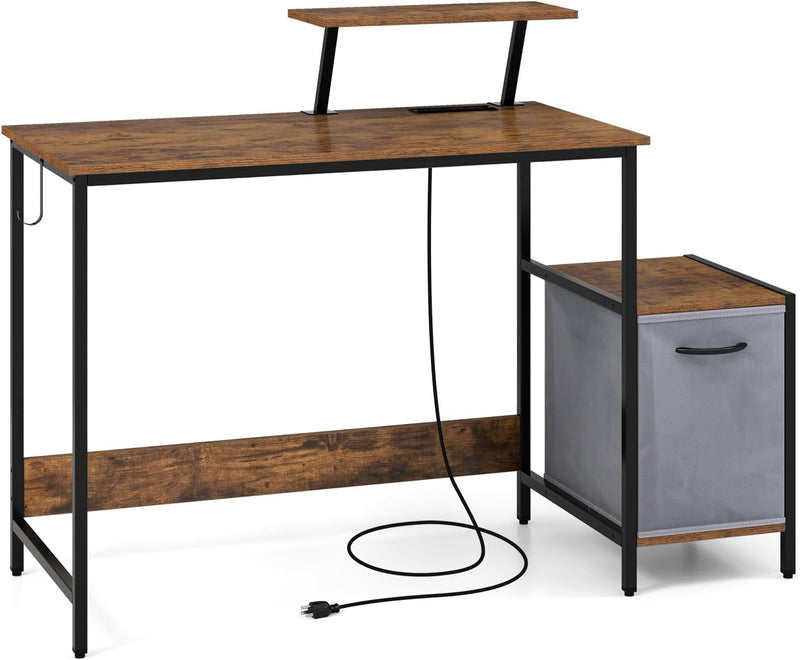 Computer Desk with Power Outlet, Writing Desk with Fabric Drawer & Reversible Storage Shelves, Industrial Work Desk with Monitor Stand, Small Desks Bedroom, Study, Home Office (Rustic Brown)