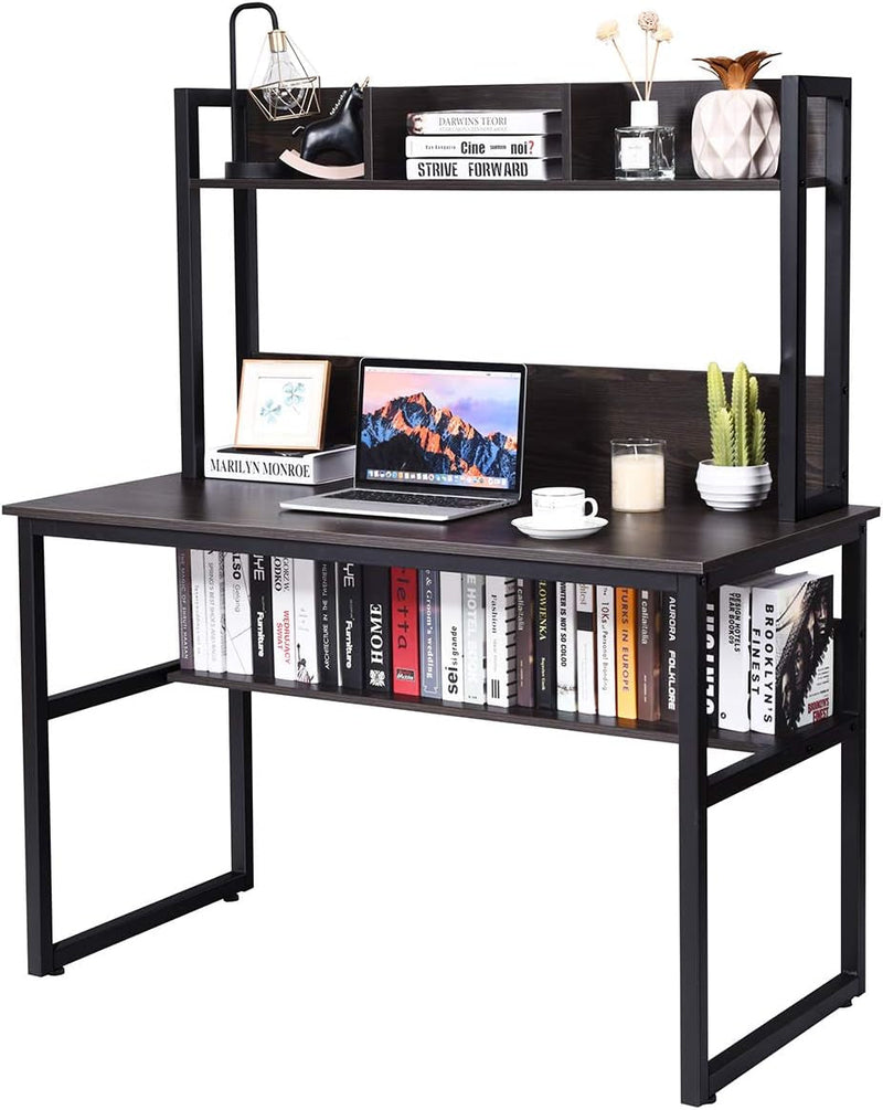 Computer Desk, Writing Desk with Storage Shelves & Metal Frame, Student Desk with Bookshelf, Space Saving Study Desk for Bedroom, Work Desk for Home Office (Gray)