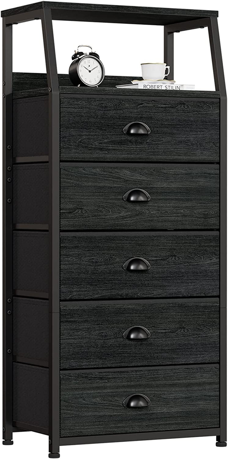 Furnulem Tall 4 Drawers Dresser, Vertical Storage Tower Black Dresser for Bedroom, Hallway, Entryway, Nursery, Closet Organizer, Nightstand Bedside Table Furniture, Sturdy Steel Frame, Wood Top