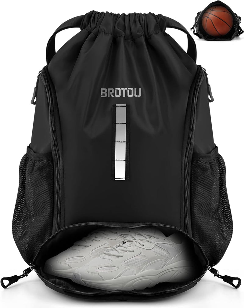 BROTOU Soccer Drawstring Backpack, Basketball Bag, Volleyball Football Bags with Ball and Shoe Compartment