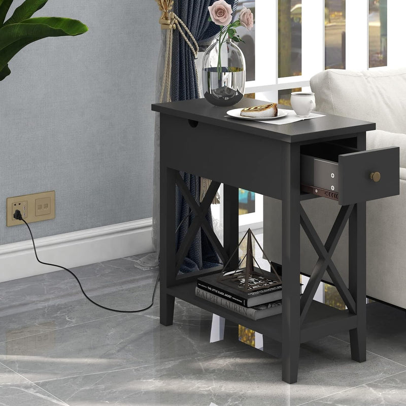 Choochoo End Table with Charging Station, Narrow Side Table with USB Ports and Outlets, Nightstand with Drawer, for Small Spaces, Bedside Tables for Living Room Black