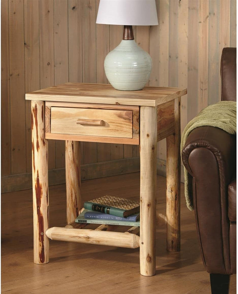 CASTLECREEK Pine Log End Table Nightstand, Rustic Natural Weathered Look Wooden Side Tables with Storage Drawer for Living Room Couch, Bedroom