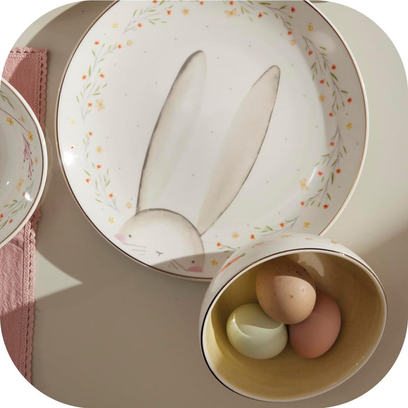 Corona Dinnerware Set 12– Piece, Plates and Bowls Set, Ceramic Sets for 4, Microwave and Dishwasher Safe, Blossom Bunny - Springtime Collection