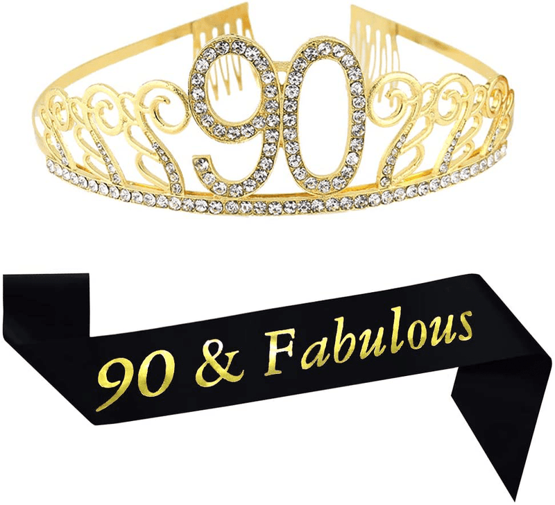 90th Brithday Gold Tiara and Sash, 90 & Fabulous Glitter Satin Sash and Crystal Rhinestone Birthday Crown for Happy 90th Birthday Party Supplies Favors Decorations 90th Birthday Cake Topper Home & Garden > Decor > Seasonal & Holiday Decorations& Garden > Decor > Seasonal & Holiday Decorations 3 months and up   