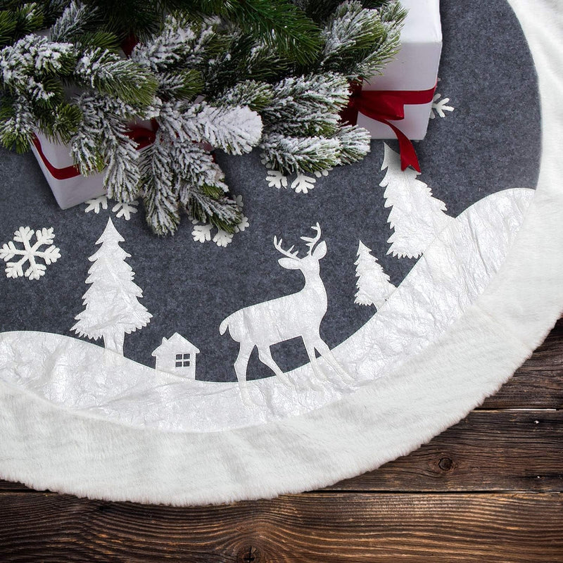 Christmas Tree Skirt, Fur Rustic White Xmas Tree Skirt,Snowy Christmas Trees Mat Decorations Indoors,Deer and Snowflake Pattern (48 Inches, White Deer)