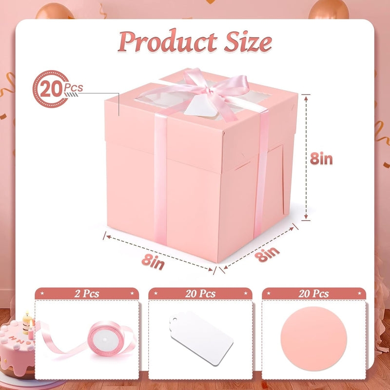 40Pcs 8X8X8 Inch Cake Boxes, 20Pcs Pink Bakery Boxes with Window (20Pcs Cake Boards), Square Cake Carrier Container Disposable Pie Boxes Package for Bake Decorating Supplies