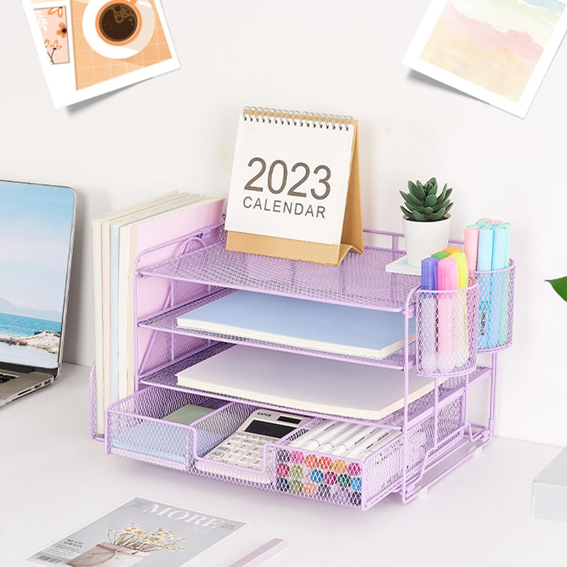 Desk Organizers and Accessories, 4-Tier Paper Leter Tray Organizer with 2 Pen Holders and File Holder, Desk Organizer with Drawer, Ofice Desk Accesorie for Office Supplies（Purple）