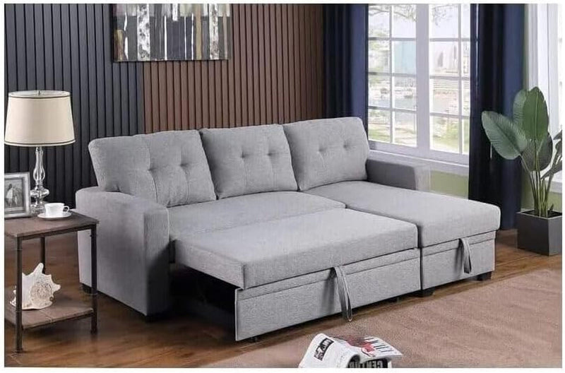 City Chic L-Shaped Polyester Fabric Reversible, Easy Convertible Pull-Out Sleeper Sectional Sofa/Storage Chaise with Tufted Back Cushions and Track Arms - Light Gray