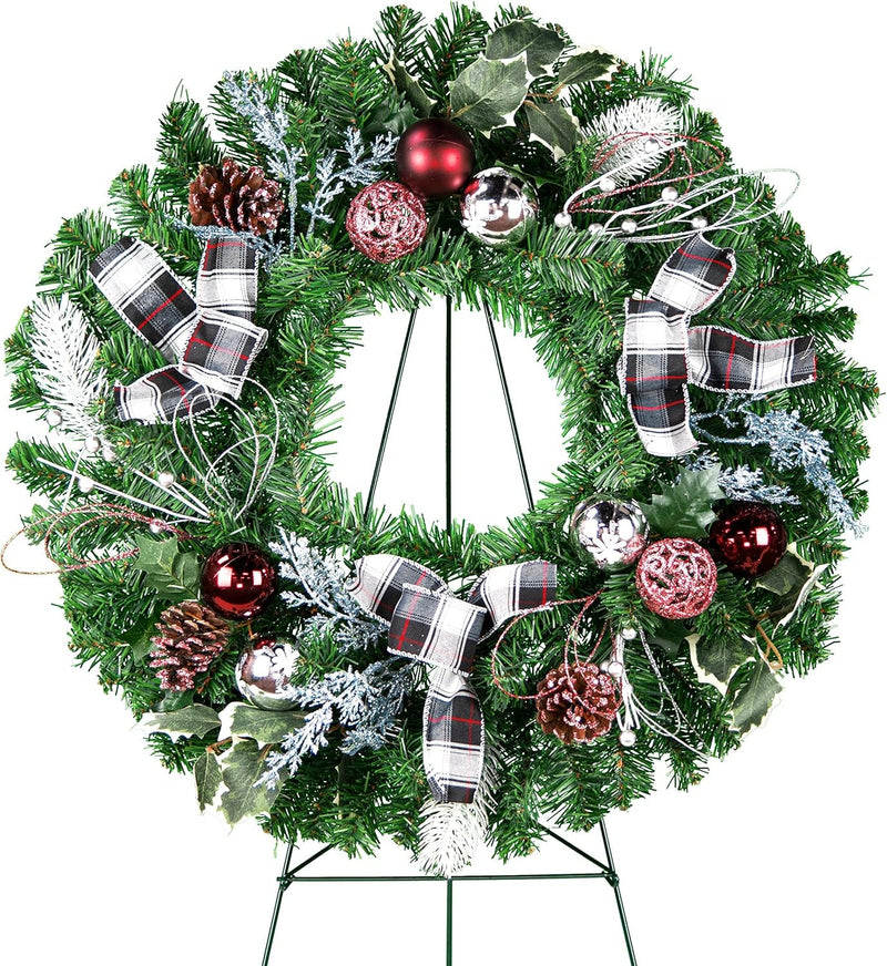 Christmas Wreath - Outdoor Christmas Decoration - 24 Inch Wreath with Frosted Red Poinsettia and Red Ornaments on 30 Inch Easel