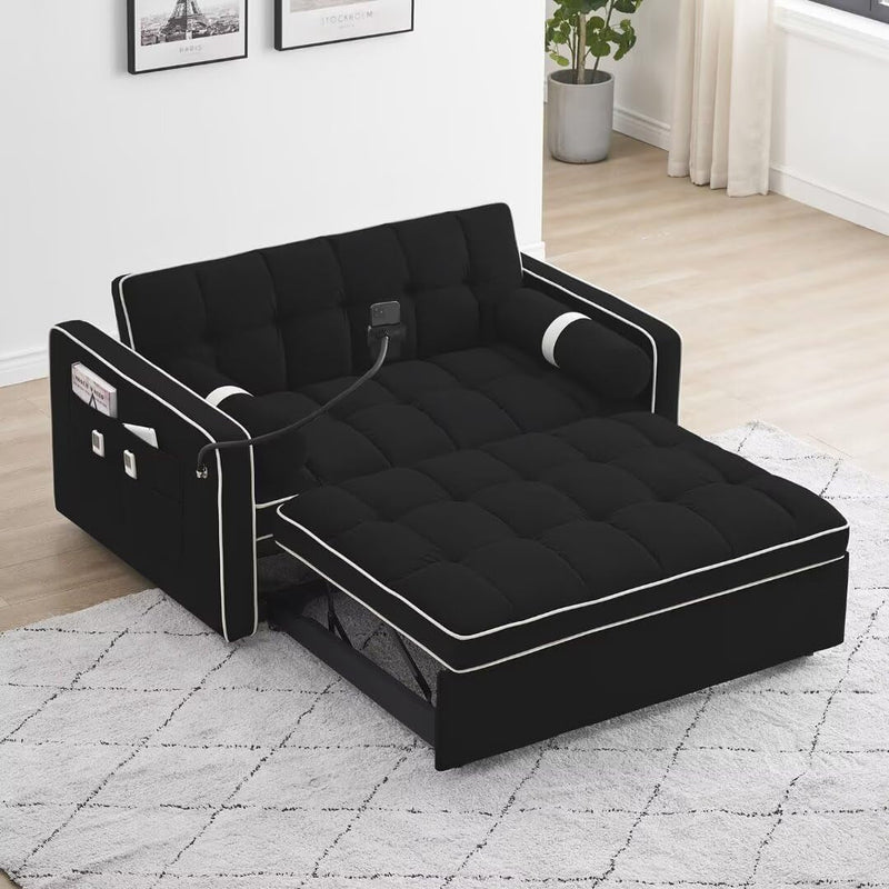 3 in 1 Convertible Sleeper Sofa Couch Bed, Velvet Tufted Loveseat Futon Sofa W Usb&Type C Port/Pull Out Bed, Adjustable Backrest,Multi-Pockets for Living Room Apartment Small Space