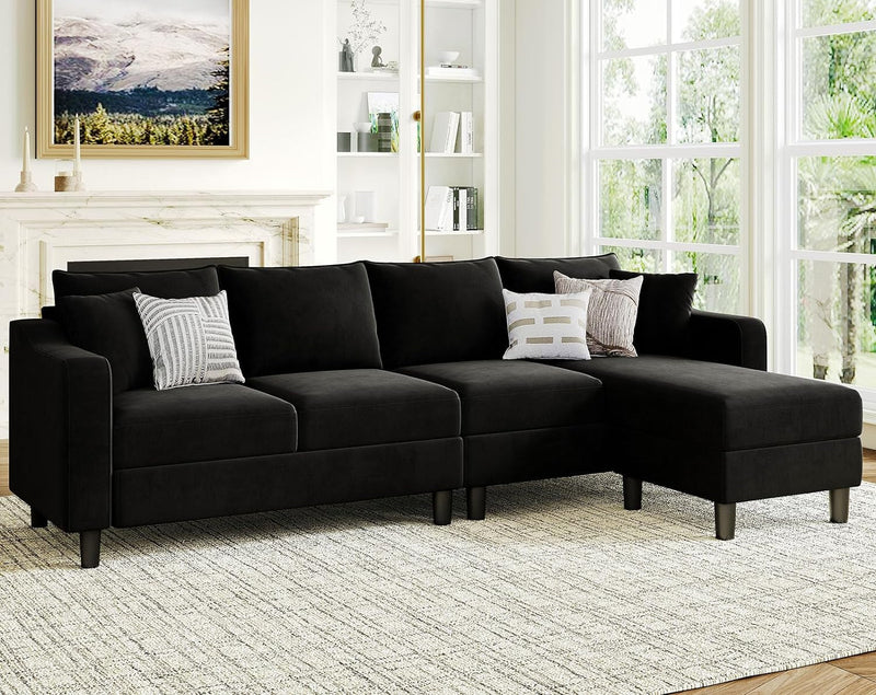 Belffin Velvet Convertible Sectional Sofa L Shaped Couch Reversible Sectional Sofa with Chaise Velvet 4 Seat Sectional Sofa (Black)…