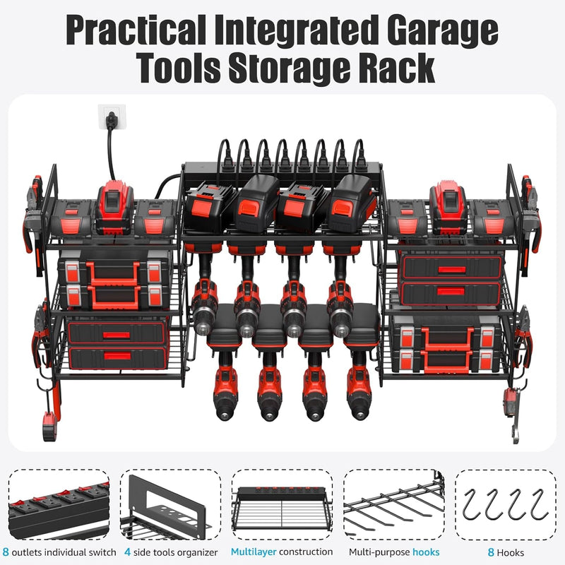 CCCEI Black Power Tools Organizers Wall Mount, Large Tools and Battery Storage Rack Charging Station. 8 Drill Holder, All Metal, Garage Utility Shelves with 6FT Power Strip. Gift for Men.