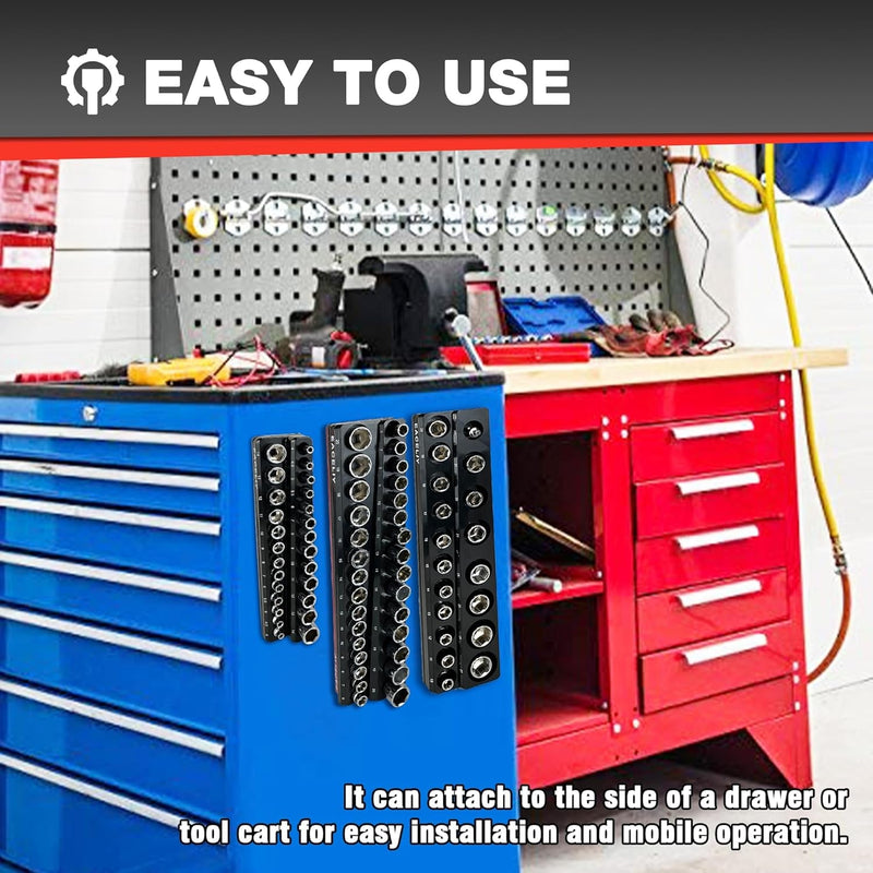 6Pcs Magnetic Socket Organizer Set, 1/2", 1/4" and 3/8" SAE & Metric Deep & Shallow Socket Holder Kit, Socket Trays，Holds 143Pcs Sockets (Sockets Not Included)