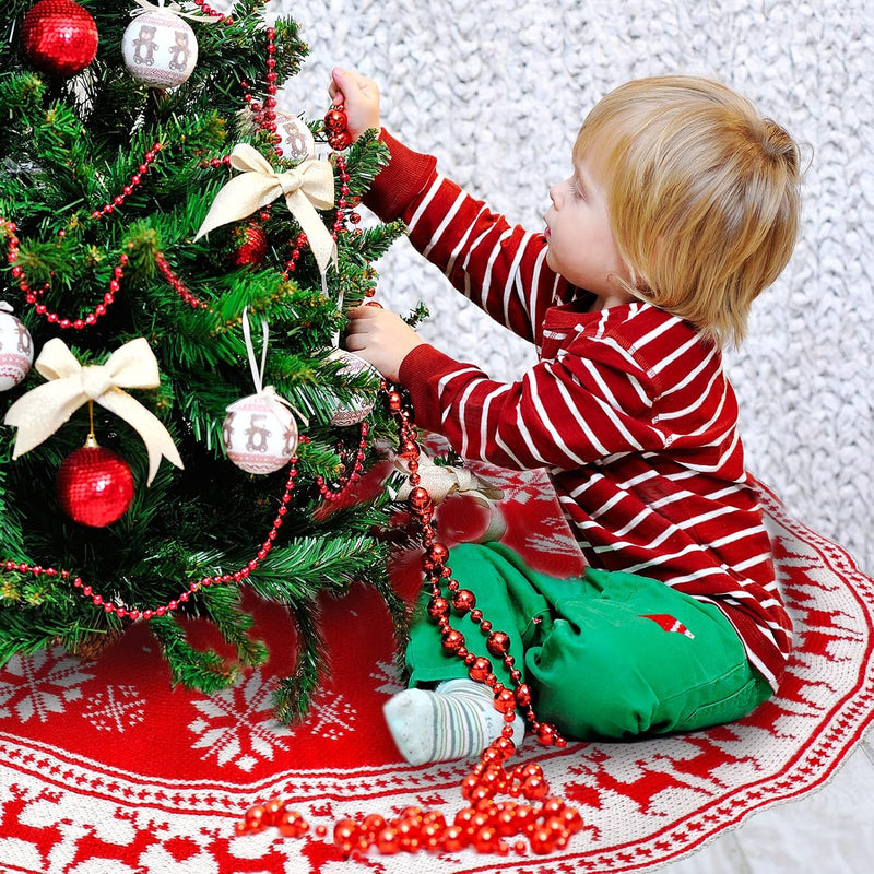 Christmas Tree Skirt Snowflake Elk Pattern Knitted Red Xmas Tree Skirt Strap Fixation Holiday Decorations 35 Inches