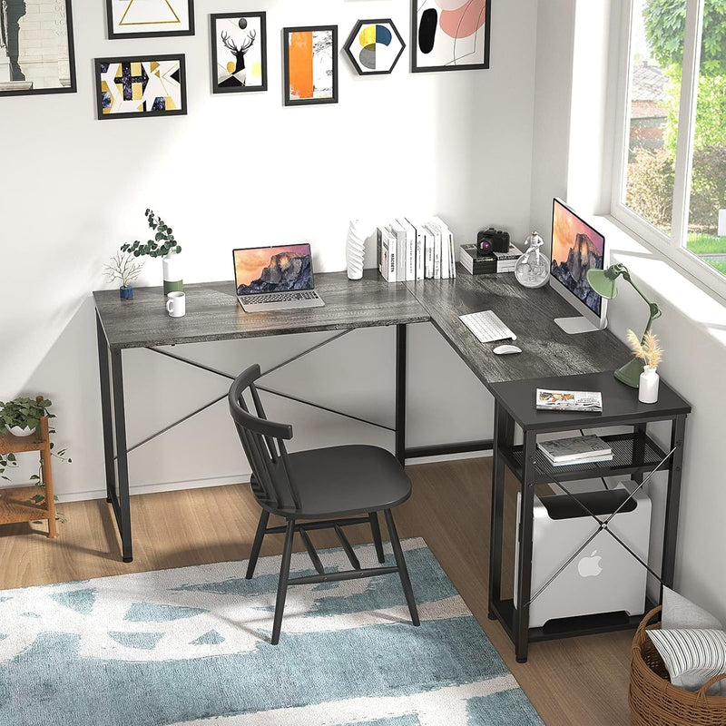 Homfio L Shaped Desk Computer Office Desk with Shelves Corner Computer Desk Large Gaming Table Industrial Simple Desk Workstation for Home Office Study Writing Table, Black Oak and Black