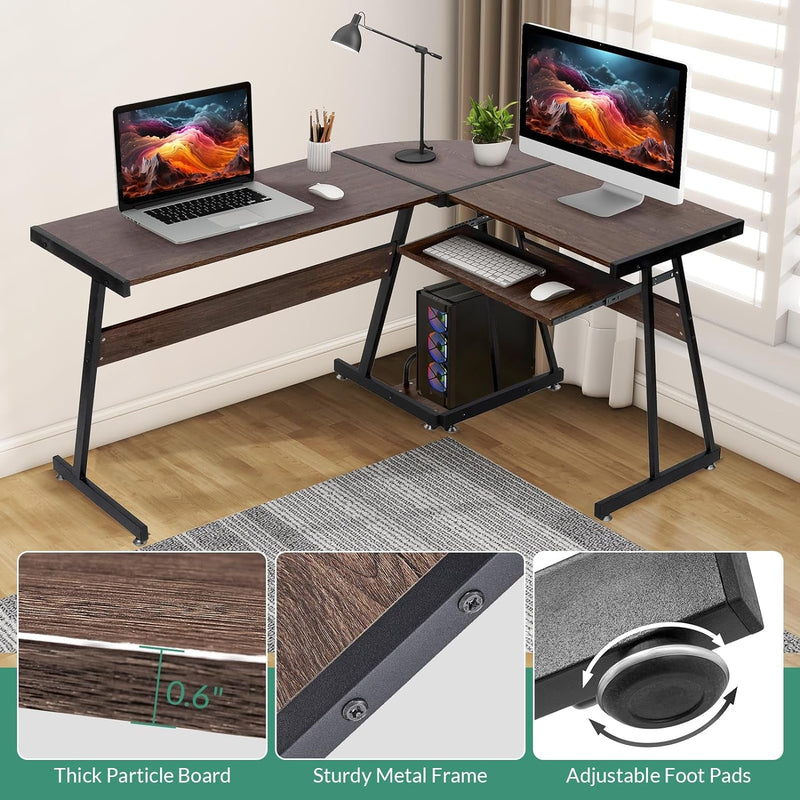 Airdown 57 Inch Reversible L Shaped Home Office Computer Desk with Keyboard Tray & CPU Stand for Bedroom, Dorm, Study Room, Chestnut