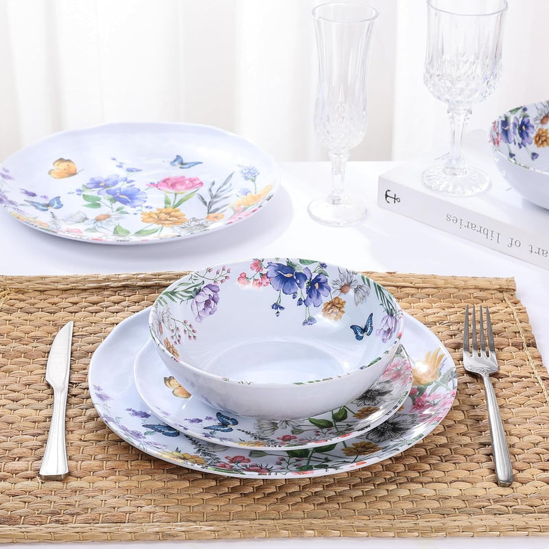 12 Piece Melamine Dinnerware Sets - Plates and Bowls Sets Floral Dinnerware Sets- Spring Camping Dishs Indoor Outdoor Use,Flowers and Butterflies Pattern