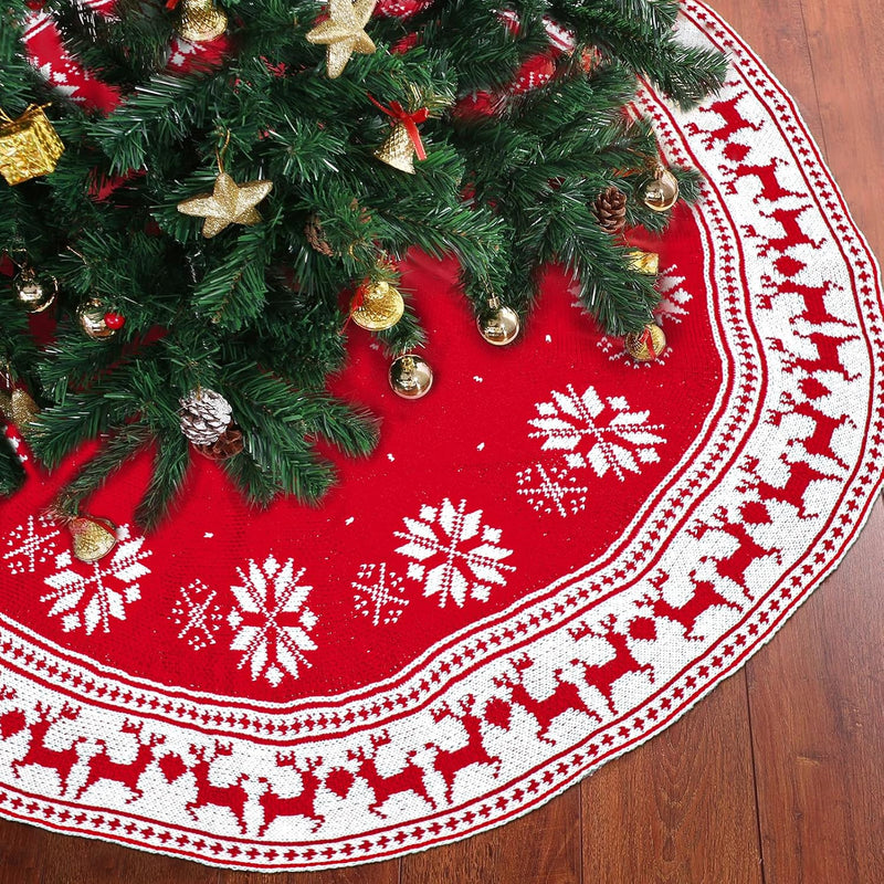 Christmas Tree Skirt Snowflake Elk Pattern Knitted Red Xmas Tree Skirt Strap Fixation Holiday Decorations 35 Inches