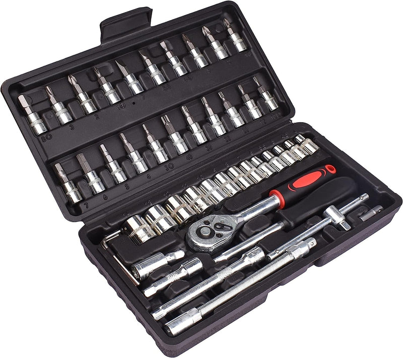 46 Piece Mechanics Tool Kit, 1/4 Inch Drive Socket Set, Ratchet Wrench Set, with Storage Case, Chromium Vanadium Steel Alloy