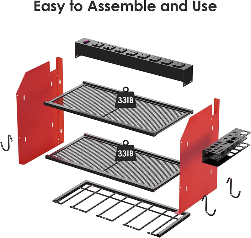 CCCEI Modular Power Tool Organizer Wall Mount with Charging Station. Garage 4 Drill Storage Shelf with Hooks, Screwdriver, Drill Bit Heavy Duty Rack, Tool Battery Holder Built in 8 Outlet Power Strip.