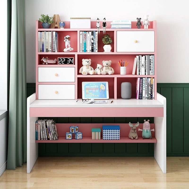 Computer Desk with 2 Storage Drawers & Bookshelf, Adjustable Height Writing Study Desk Teenager Compact Desk & Workstations for Girl Boy(120Cm, Pink)