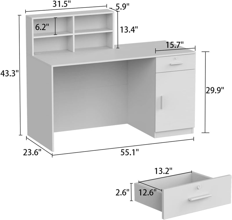 Homsee Modern Reception Desk Counter with Hutch, Lockable Drawer & 1 Door Cabinet, Office Wooden Computer Desk Reception Table, White and Brown (55.1”L X 23.6”W X 43.3”H)