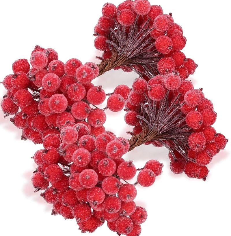 100 Wired Artificial Berry Stems Artificial Flower Decoration 200 Pieces 12Mm Mini Berry Frosted Christmas Fruit, Red