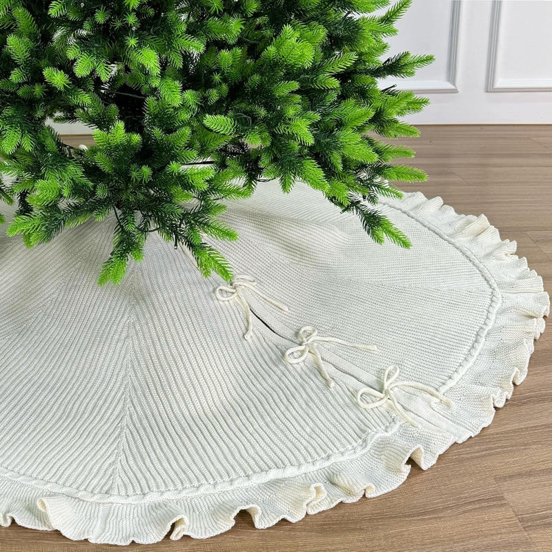 60-Inch Ruffled Sweater Knit Christmas Tree Skirt with Lace Ties, Cream White