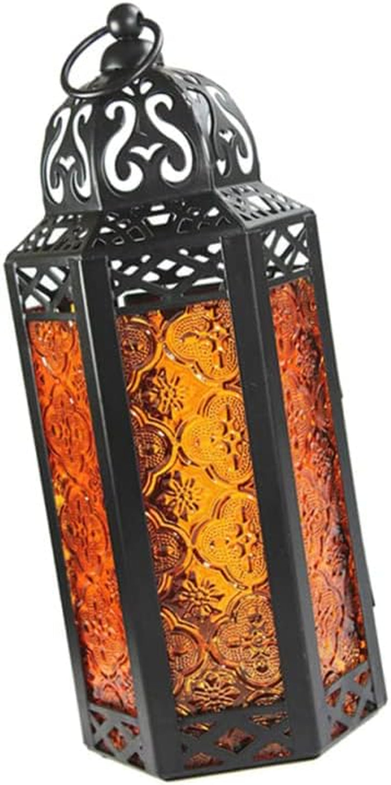 11.5" Moroccan Style Candle Lantern, Black Metal Frame, Orange Colored Glass Panels Great for Patio, Indoors/Outdoors, Events, Parties and Weddings (Orange)