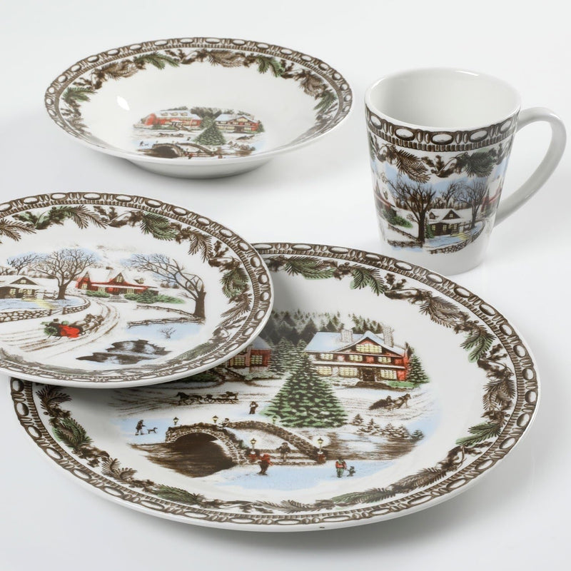 Gibson Home Christmas Toile 16 Piece Dinnerware Set, Multicolor -