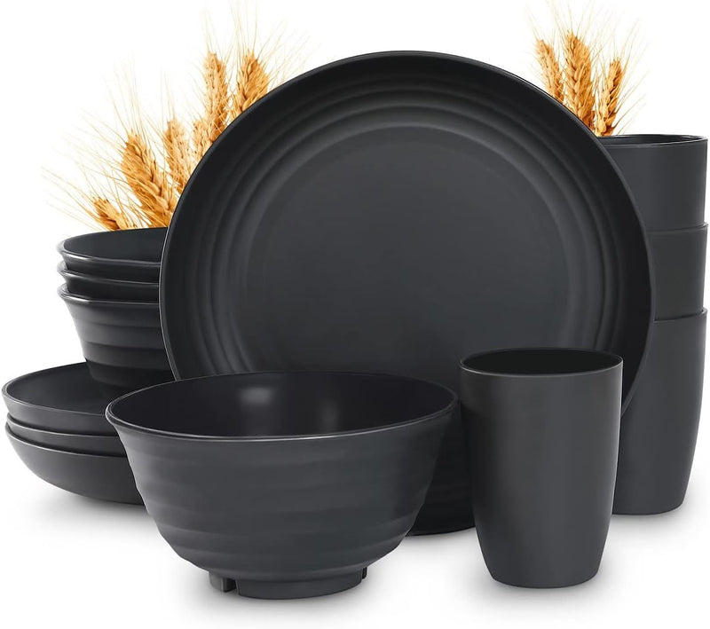 12Pcs Plastic Wheat Straw Dinnerware Sets Service for 4, Cups, Plates and Bowls Sets Microwave Dishwasher Safe Lightweight