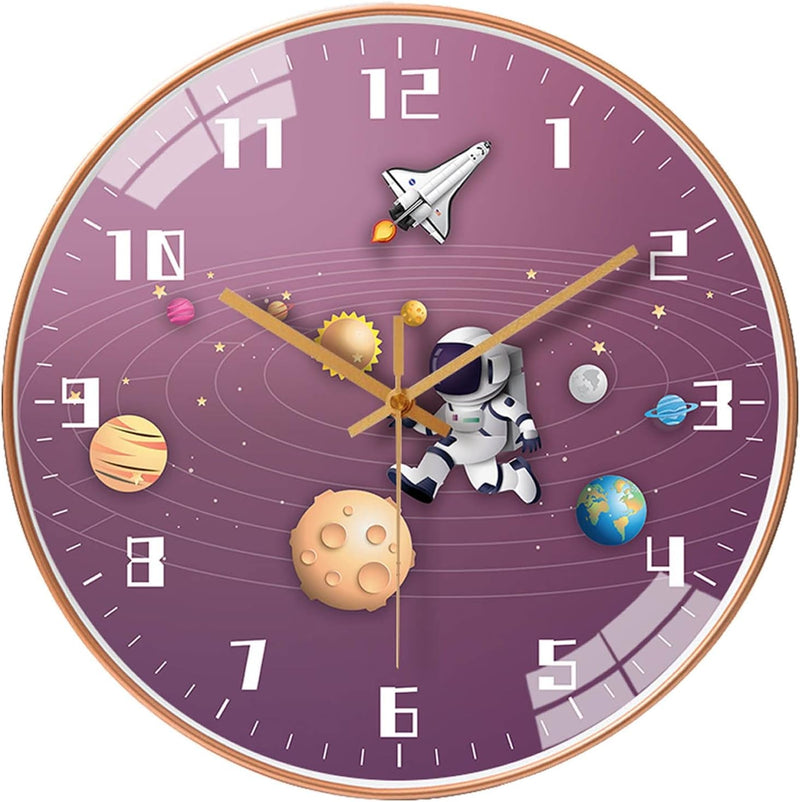 12 Inch Silent Movement Kids Wall Clock, Non Ticking Children round Wall Clock Battery Operated Space Travel Style Decor Children Clock for School Boys Bedroom Living Room Space Decor (Blue)