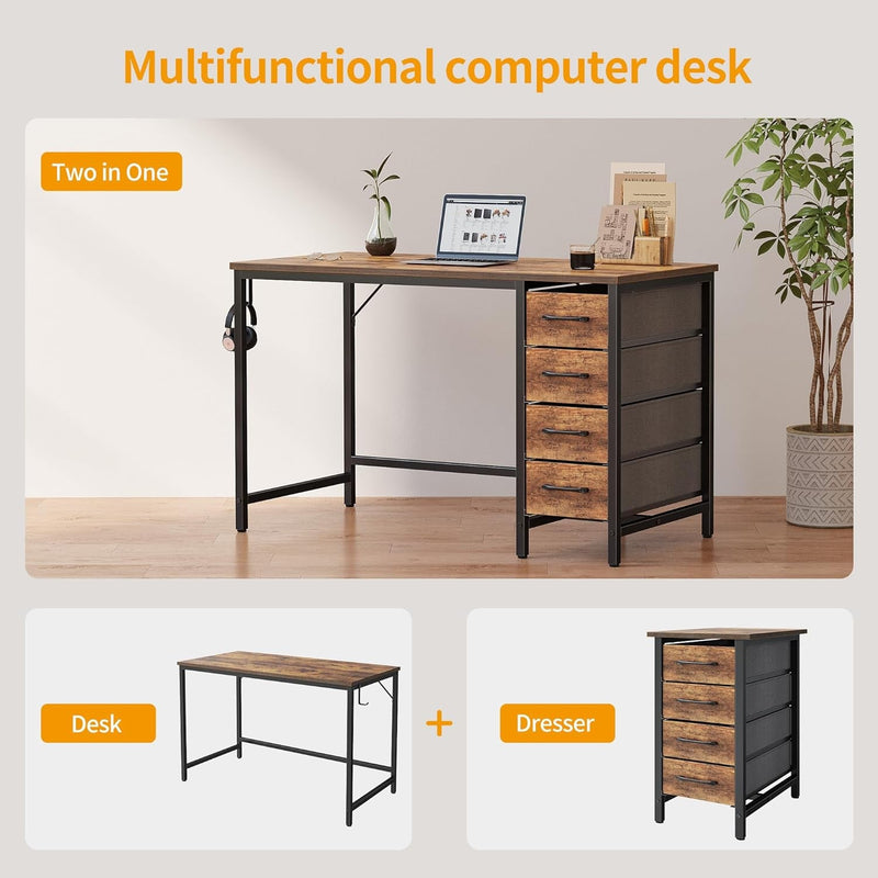 Cubicubi 40 Inch Computer Desk with 4 Drawers, Home Office Small Desk with Storage, Modern Study Writing Desk, Rustic Brown